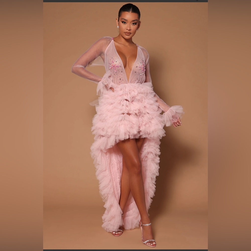 Pink Tulle Dress with train and ruffles